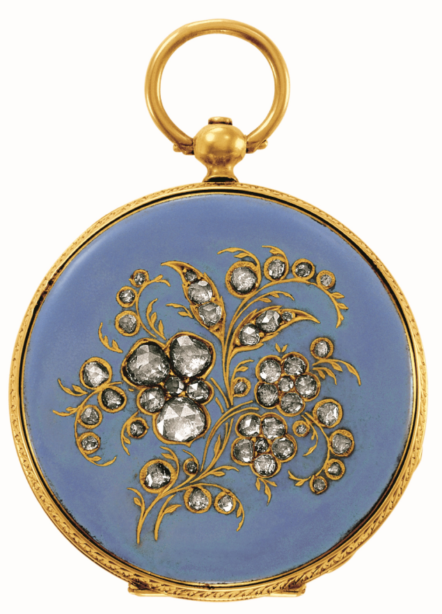 Queen Victoria's pendant watch diamond roses on blue enamel.