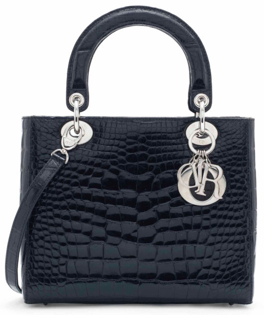 A SHINY BLACK ALLIGATOR LADY DIOR WITH SILVER HARDWARE