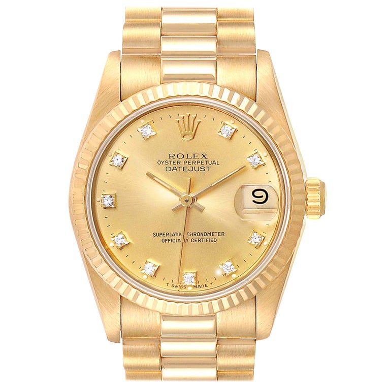 Rolex President Datejust 31 Midsize 18 Karat Gold Diamond Watch
