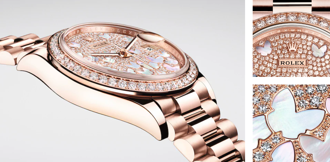 Datejust 31 Automatic Mother of Pearl Butterfly Diamond Pave Dial Ladies 18 ct Everose Gold President Watch