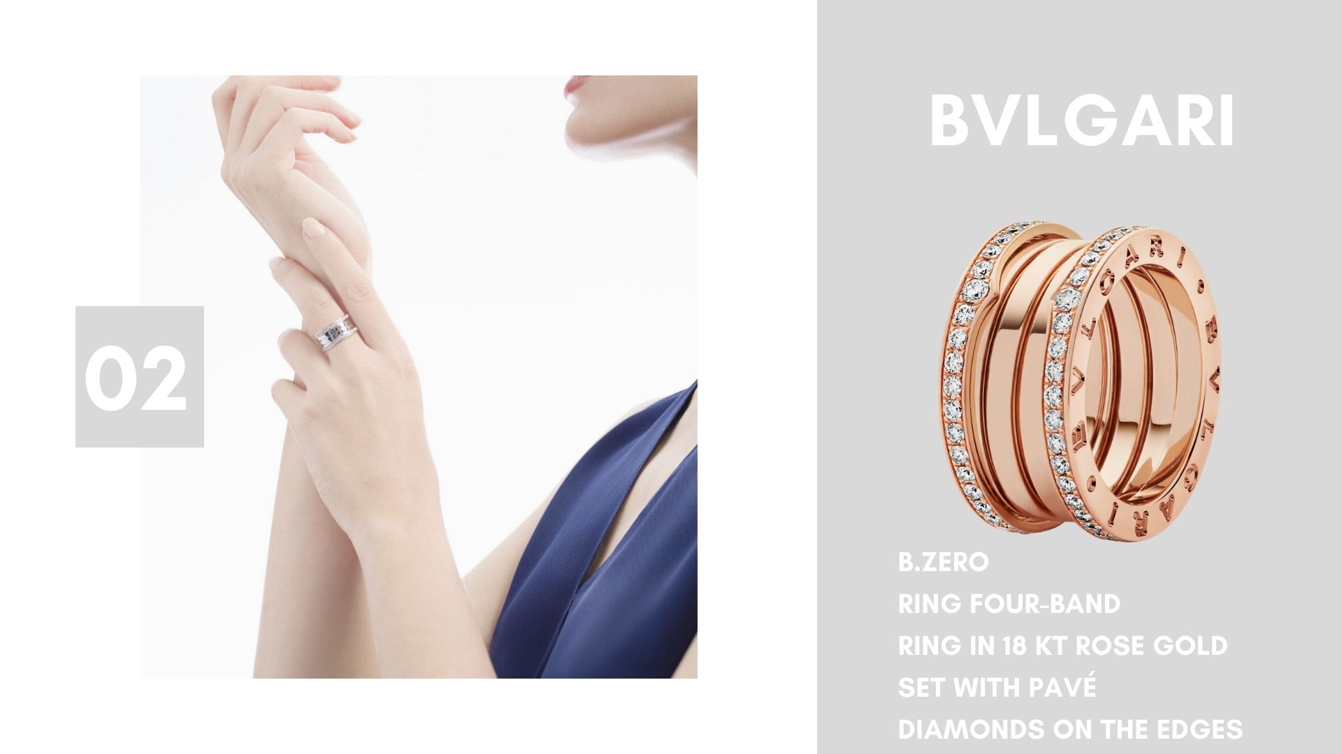 B.zero1 four-band ring in 18 kt rose gold set with pavé diamonds on the edges
