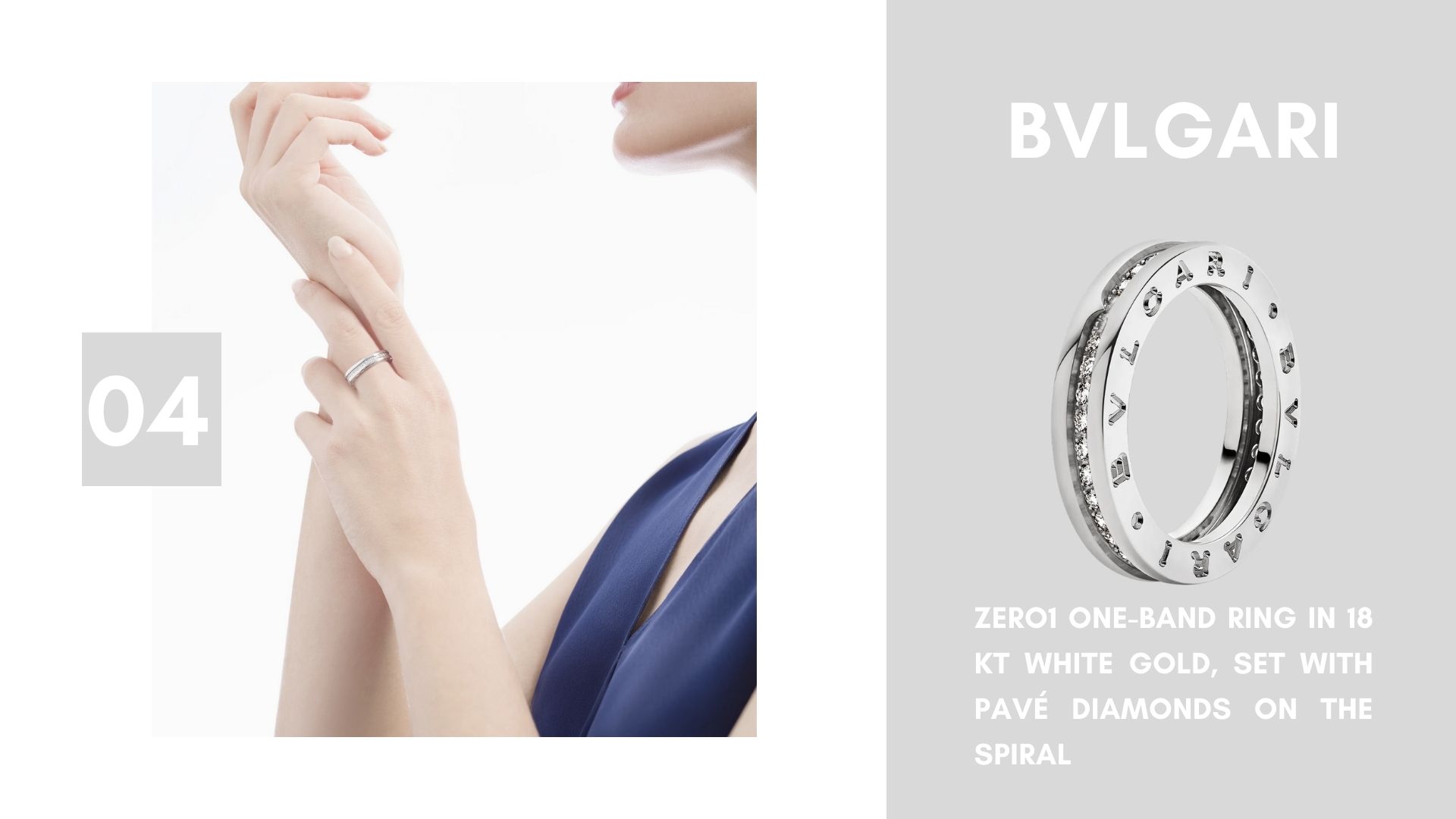 B.zero1 one-band ring in 18 kt white gold, set with pavé diamonds on the spiral.