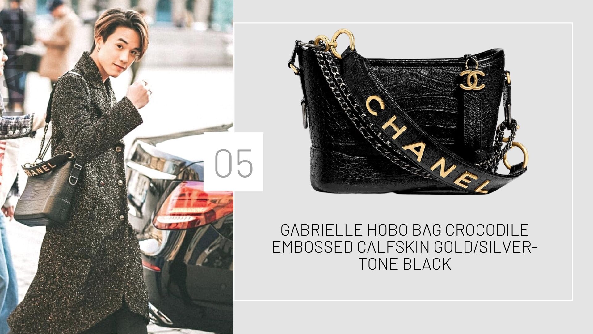 แฟชั่นชาแนล ของเจมส์มี่เจมส์ Gabrielle Hobo Bag Crocodile Embossed Calfskin Gold/Silver-tone Black