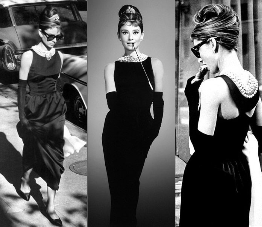 Audrey Hepburn ในชุดกระโปรงสีดำโดยฝีมือของ Hubert de Givenchy ในภาพยนตร์เรื่อง Breakfast at Tiffany's