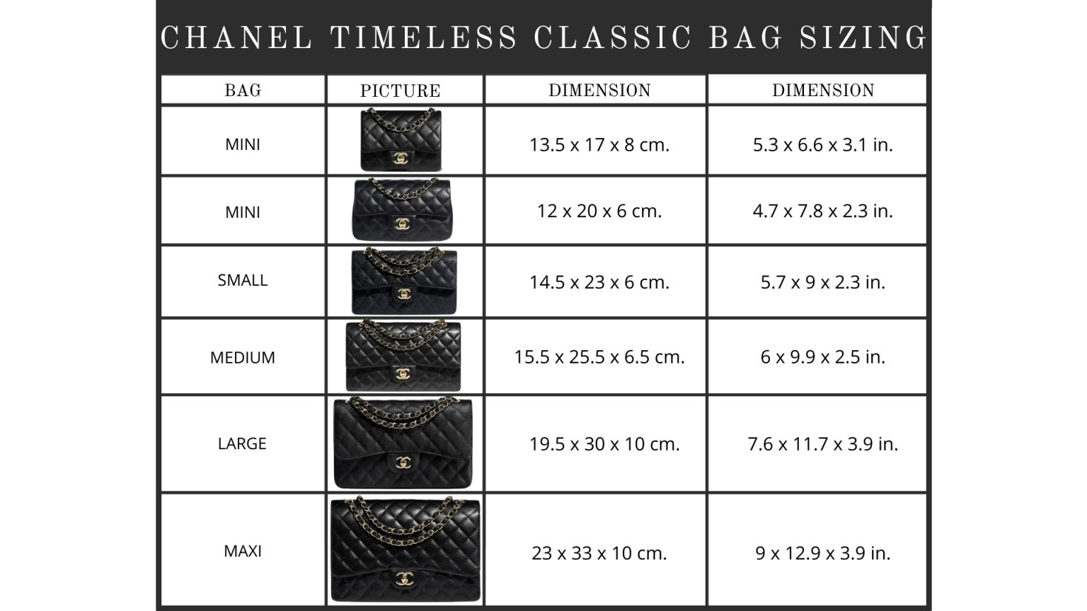 chanel 19 sizes in cm