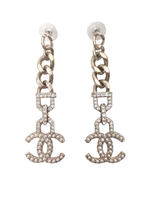 Chanel Large CC Logo Pearl Chain Link Gold Runway Statement Drop Earrings