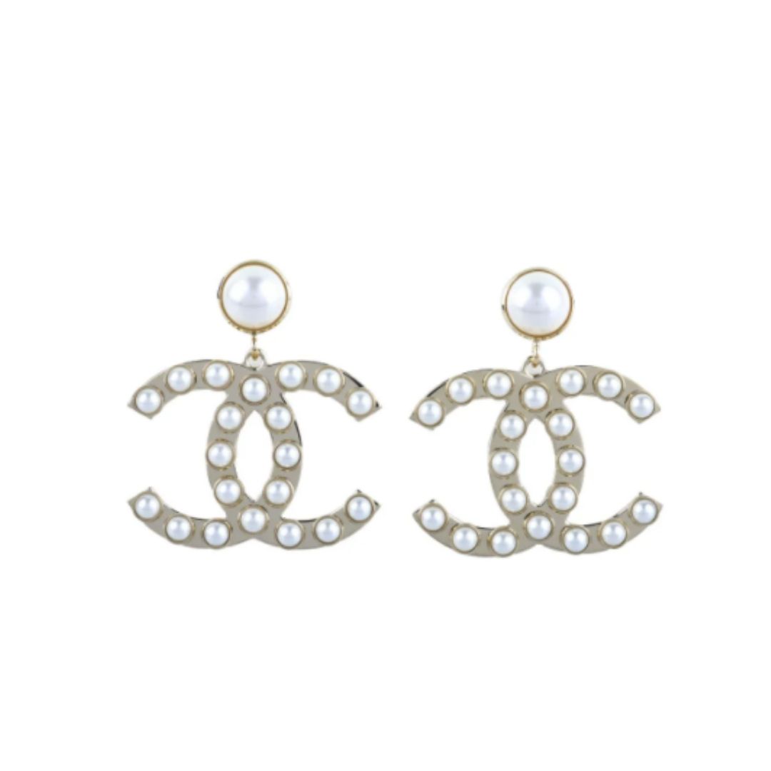 Chanel CC Faux Pearl Gold Tone Stud Earrings