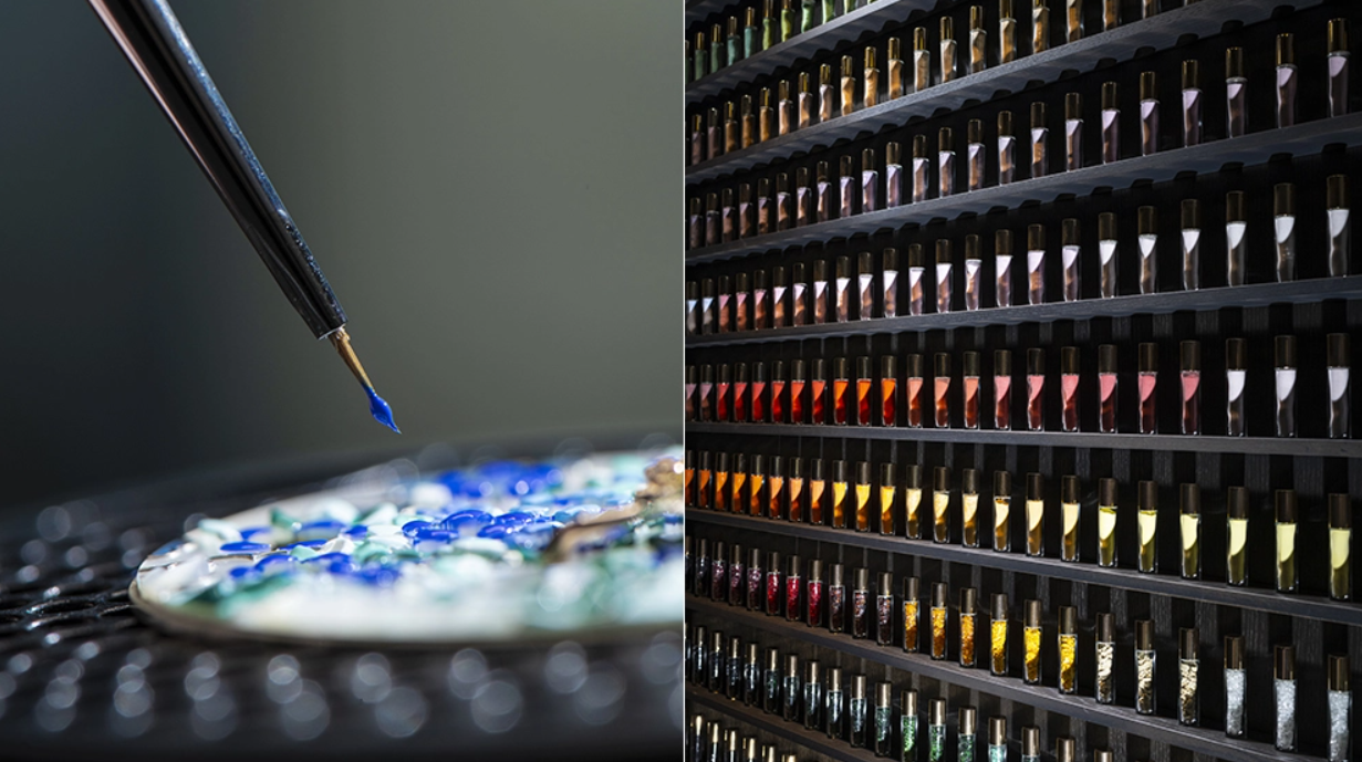  a wall of enamel colors in Van Cleef & Arpels’s workshop