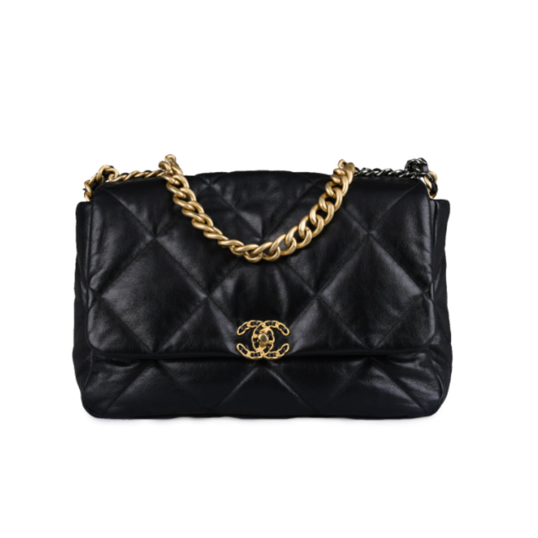 Chanel 19 Maxi Black Lambskin Bag in Black Holo 30