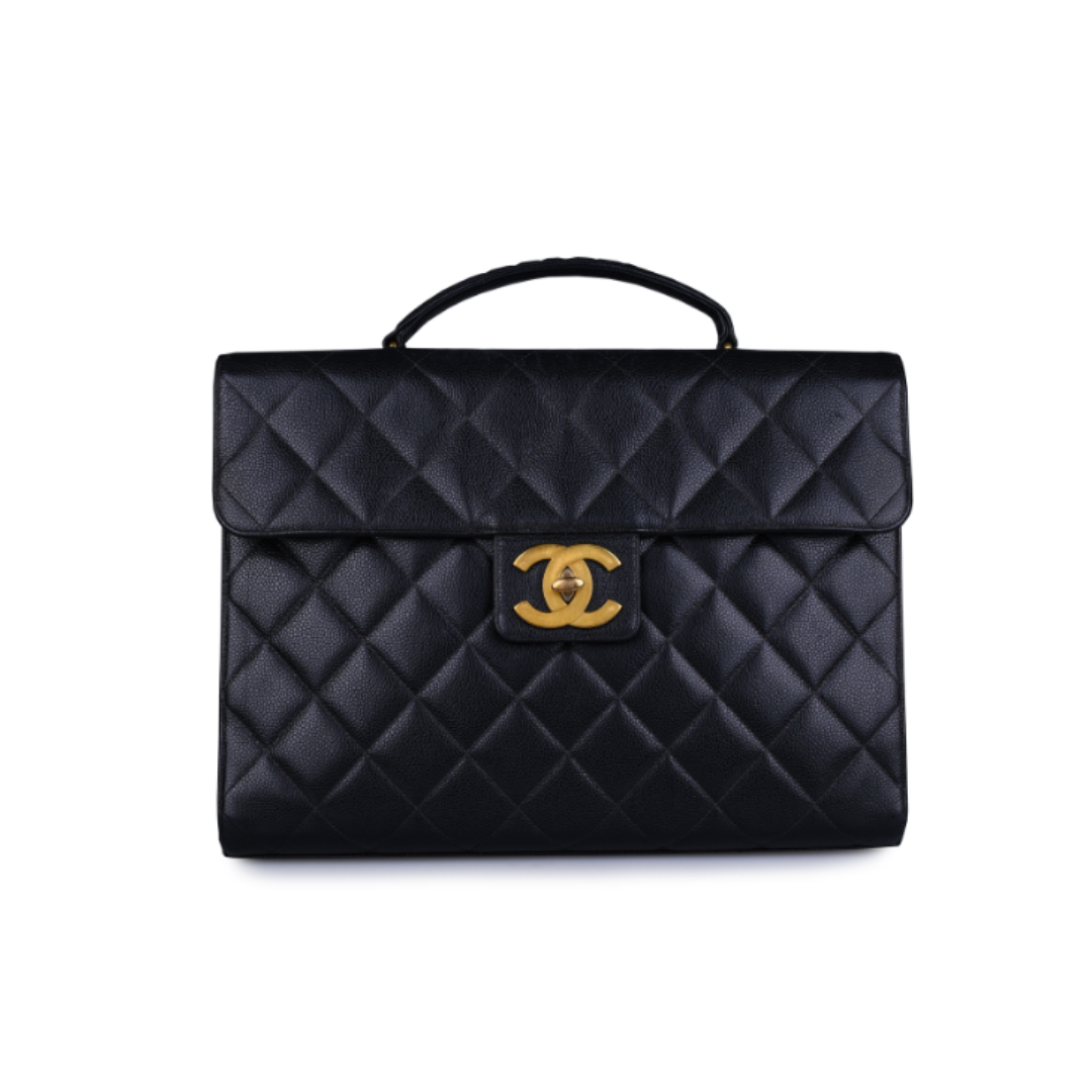 Chanel Vintage Black Quilted Caviar Leather Briefcase