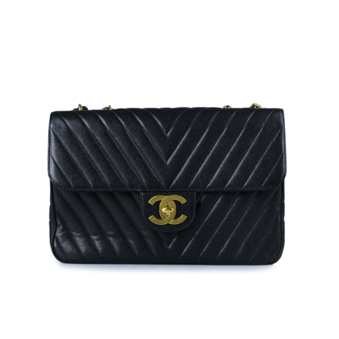 Chanel Vintage Classic Black Chevron Size 25 Flap Bag