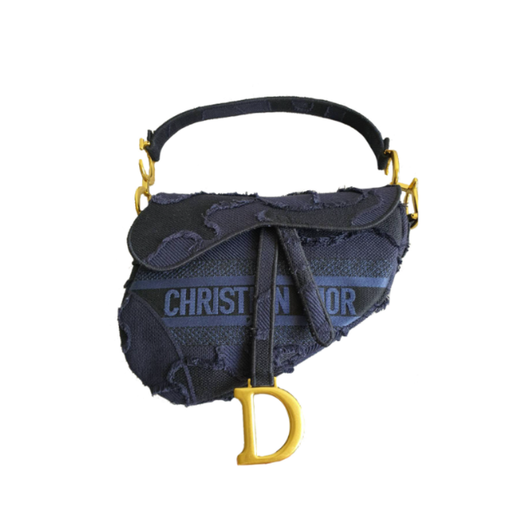 Christian Dior Saddle Blue Camouflage Embroidered Canvas Medium Bag