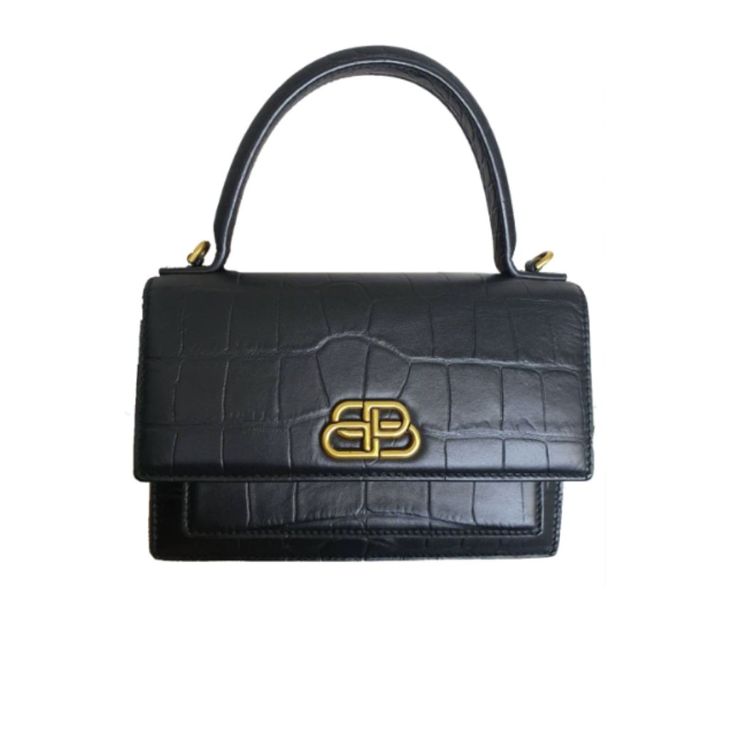 Balenciaga Sharp Top Handle Bag Crocodile Embossed Leather XS Black
