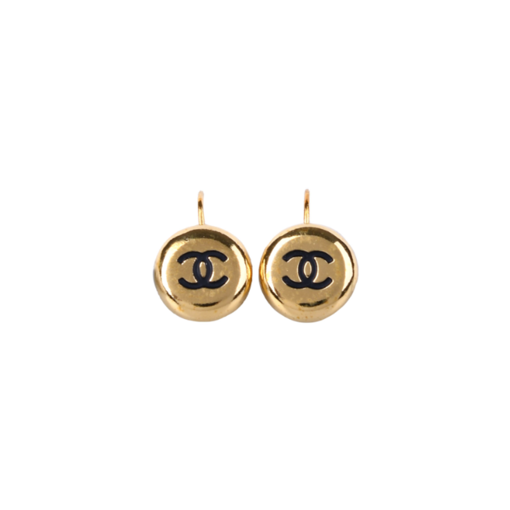 Chanel Vintage Gold Drop CC Enamel Huggie Earrings